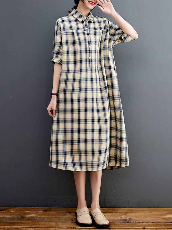 Plaid Half Sleeves Loose Lapel Midi Dresses