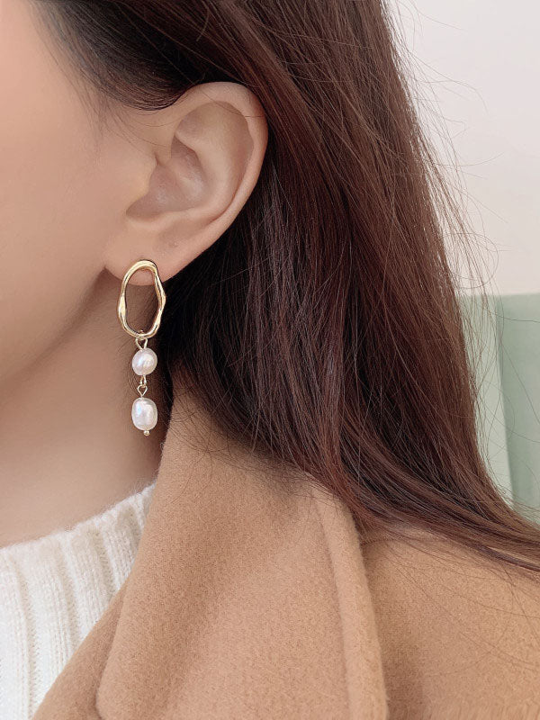 Simple Asymmetric Pearl Geometry Earrings