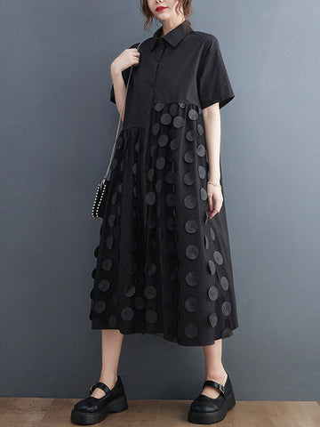 Original Casual Loose Polka-Dot Split-Joint Midi Shirt Dress