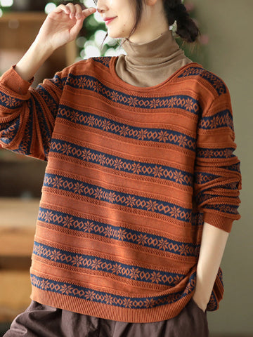 Artistic Retro Loose Long Sleeves Jacquard Round-Neck Sweater Tops