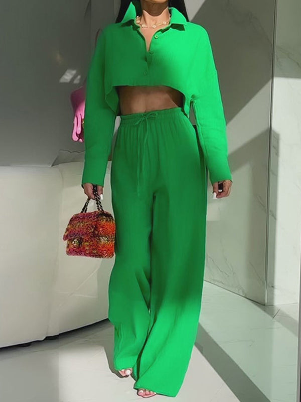 Solid Color Long Sleeves Blouse + Drawstring Elasticity High-Waisted Wide-Leg Pants Trousers Two Pieces Set