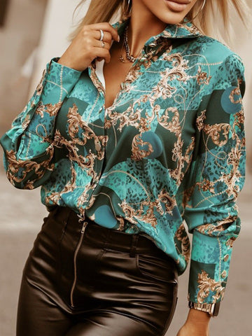 Printed Long Sleeves Loose Lapel Blouses