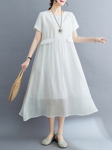 Gauze Solid Color Split-Joint Loose Short Sleeves Round-neck Midi Dresses