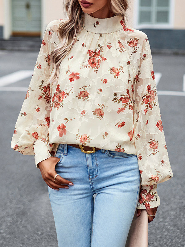 Flower Print Tied Long Sleeves Loose Mock Neck Blouses&Shirts Tops