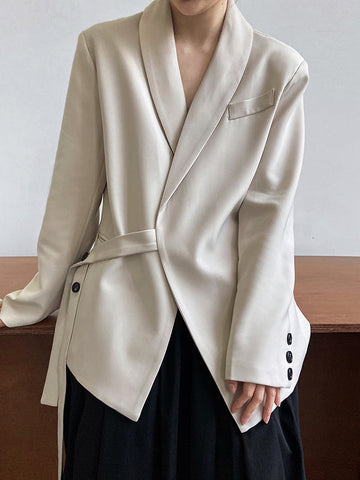 Asymmetric Buttoned Pockets Solid Color Tied Long Sleeves Loose V-Neck Outerwear Blazer