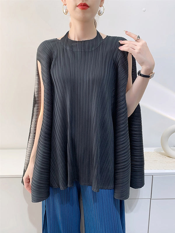 Pleated Solid Color Loose Sleeveless Halter-Neck T-Shirts Tops