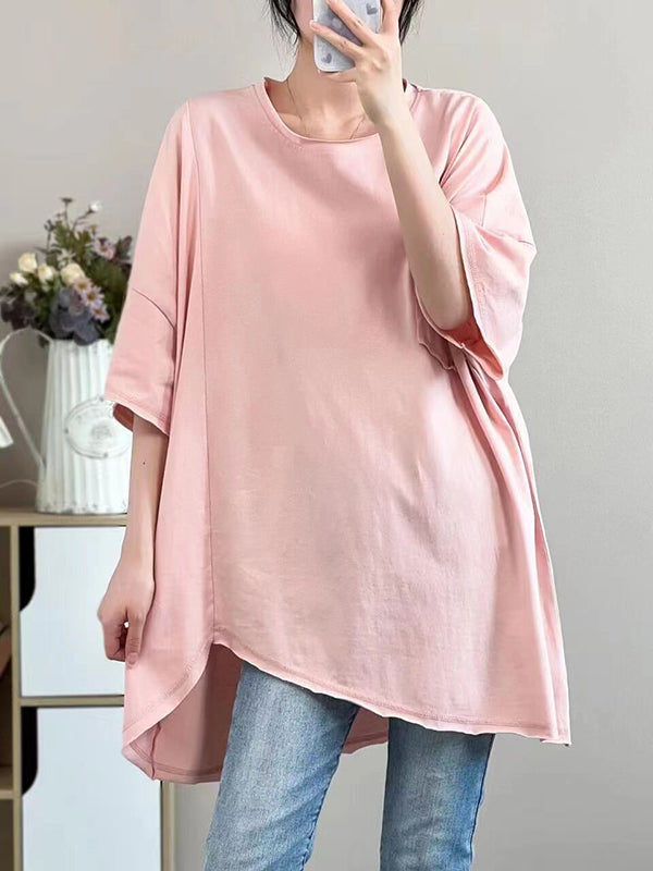 Asymmetric Solid Color Half Sleeves Loose Round-neck T-shirts