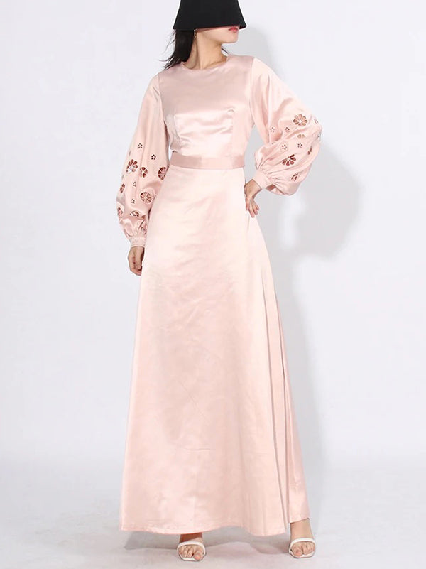 Hollow Solid Color A-Line Long Sleeves Round-Neck Maxi Dresses