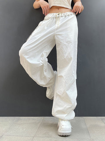 Drawstring Pockets Solid Color Split-Joint Loose Wide Leg Trousers Pants