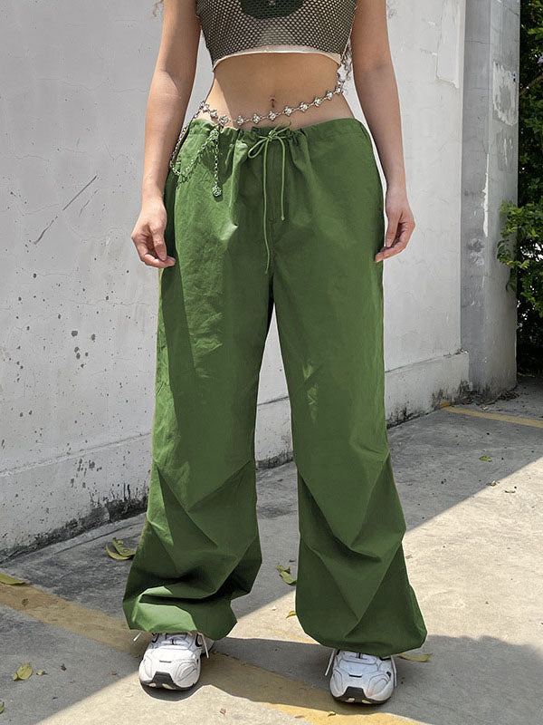 Drawstring Pockets Solid Color Split-Joint Loose Wide Leg Trousers Pants