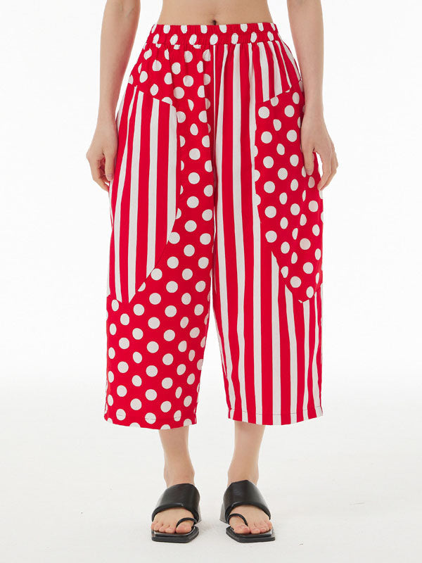 Polka-Dot Split-Joint Striped Cropped Loose Cropped Trousers Casual Pants Bottoms