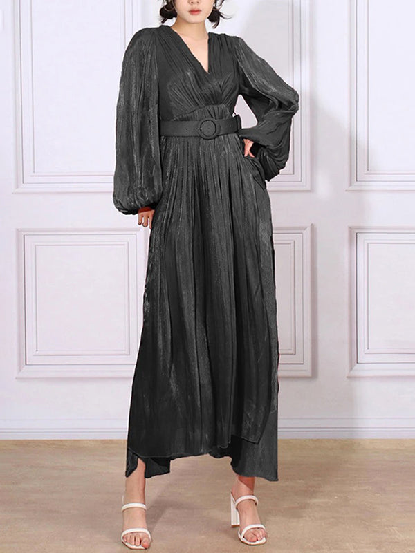 Belted Pleated Solid Color High Waisted Long Sleeves V-Neck Maxi Dresses