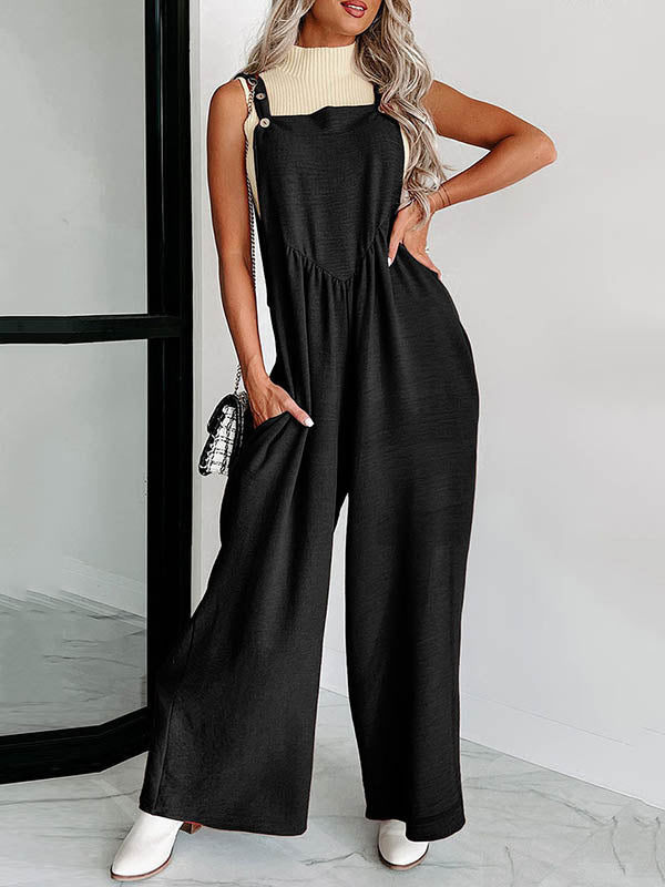 Buttoned Pleated Pockets High Waisted Relaxed Fit Overalls