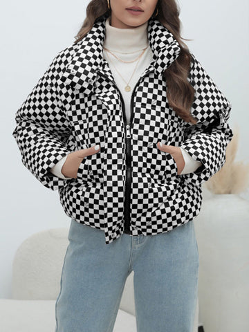 Keep Warm Plaid Quilted Zipper Long Sleeves Loose Stand Collar Padded Coat