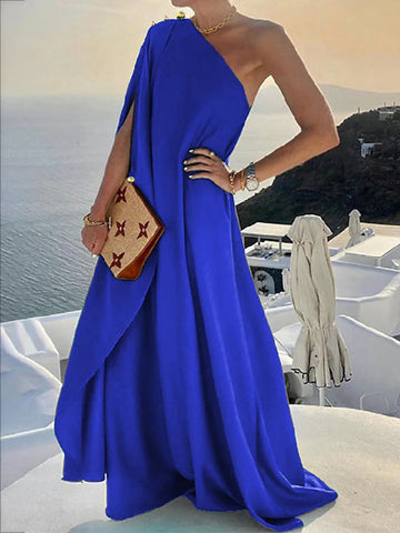 Simple Asymmetric Solid Color One-Shoulder Maxi Dresses