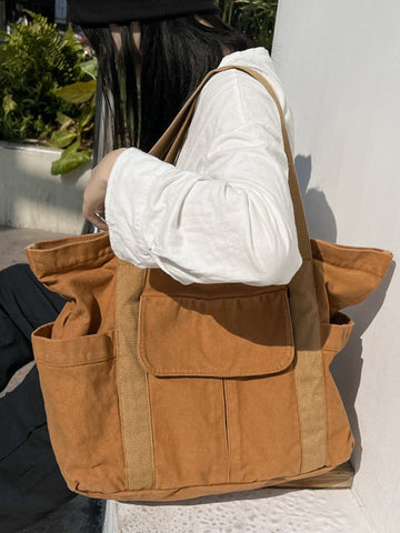 Simple Casual 3 Colors Canvas Big Pocket Bag