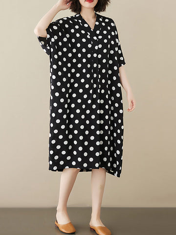 Polka-Dot Loose Short Sleeves V-Neck Midi Dresses