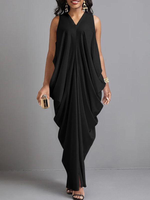 Loose Sleeveless Pleated Solid Color V-Neck Maxi Dresses