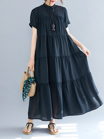 Vintage Loose Split-Joint Pleated Short Sleeves Round-Neck Midi Dress