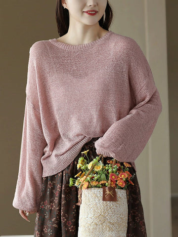 See-Through Solid Color Long Sleeves Loose Round-Neck Sweater Tops