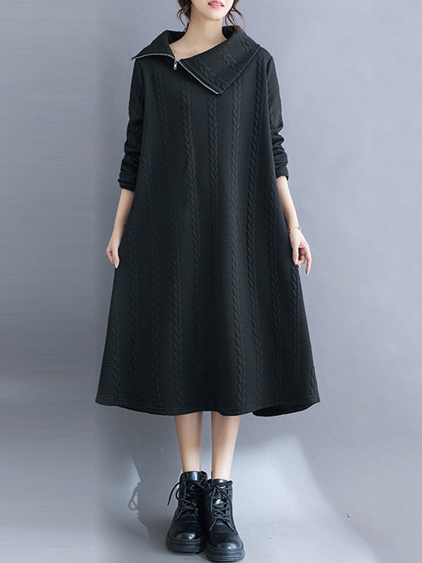 Asymmetric Solid Color Zipper A-Line Long Sleeves Asymmetric Collar Midi Dresses