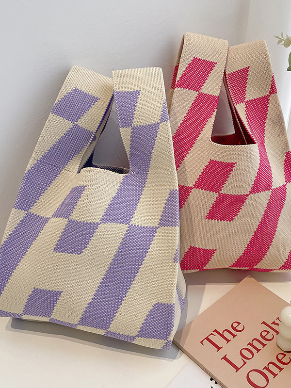 Contrast Color Letter Print Woven Handbag Bags