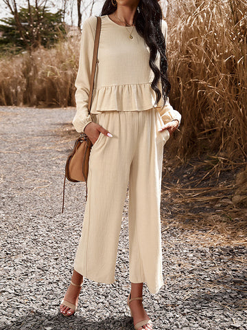 Round-Neck Long Sleeves Loose Pleated Solid Color Split-Joint Shirts Top + Pants Bottom Two Pieces Set