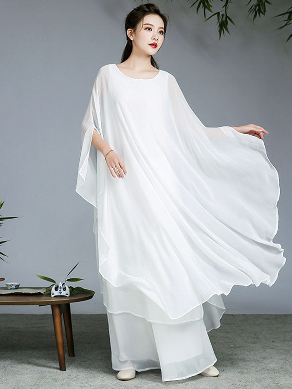 Artistic Retro Loose Chiffon Solid Color Falbala Round-Neck Kimono Sleeve 2 Pieces Set