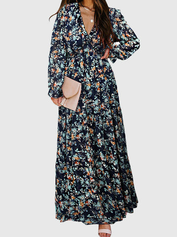 Flower Print Pleated Ruffled High Waisted Long Sleeves V-Neck Maxi Dresses