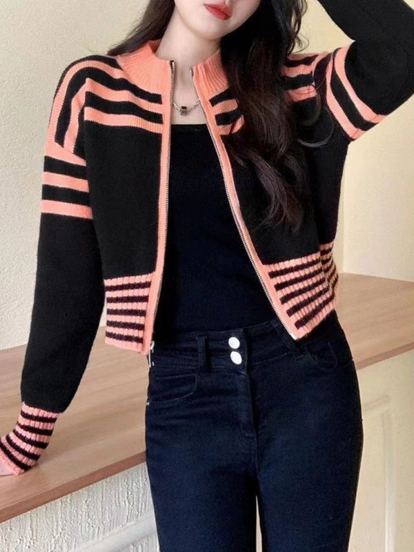 Contrast Color Striped Zipper Long Sleeves Mock Neck Cardigan Tops