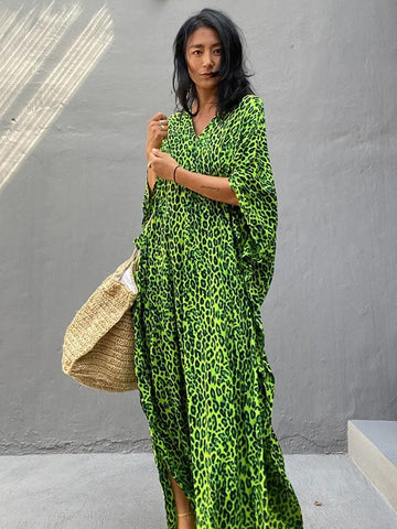 Green Leopard V-Neck Split-Side Batwing Sleeves Maxi Dress