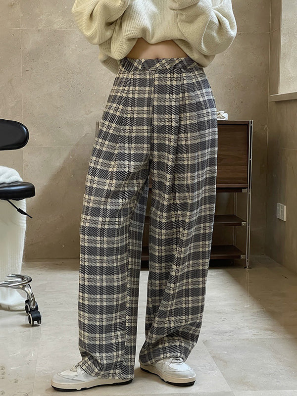 Vintage Wide Leg High-Waisted Pleated Plaid Pants