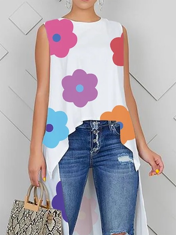 High-Low Loose Contrast Color Floral Printed Round-Neck Vest Top