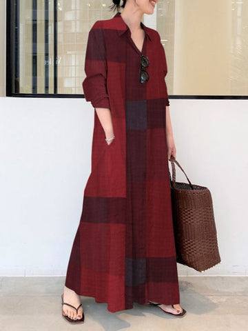 Plaid Pockets Long Sleeves Loose Lapel Shirt Dress Maxi Dresses