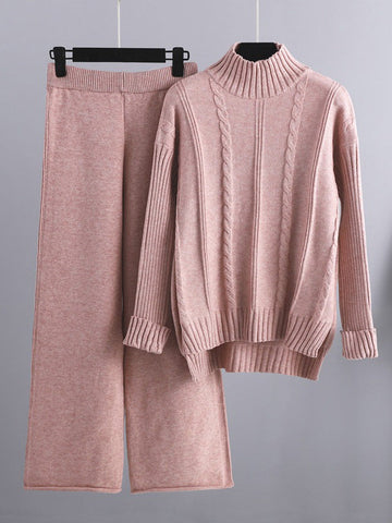 Loose Long Sleeves Split-Side Solid High-Low Half Turtleneck Sweater Tops & Wide Leg Pants Two Pieces Set