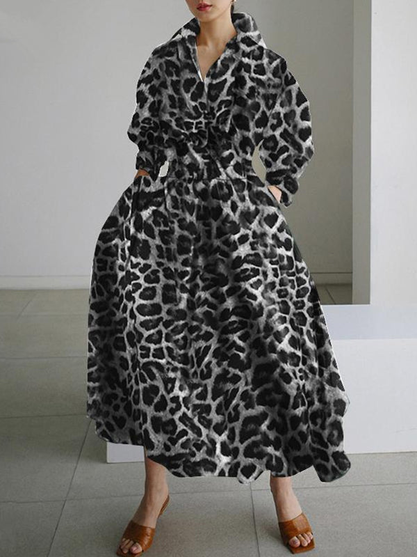 Buttoned Leopard High Waisted Long Sleeves Lapel Maxi Dresses