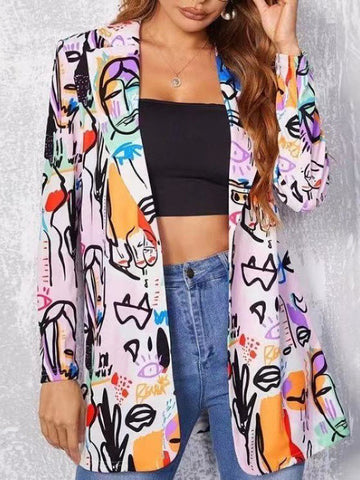 Figure Printed Long Sleeves Loose Notched Collar Outerwear