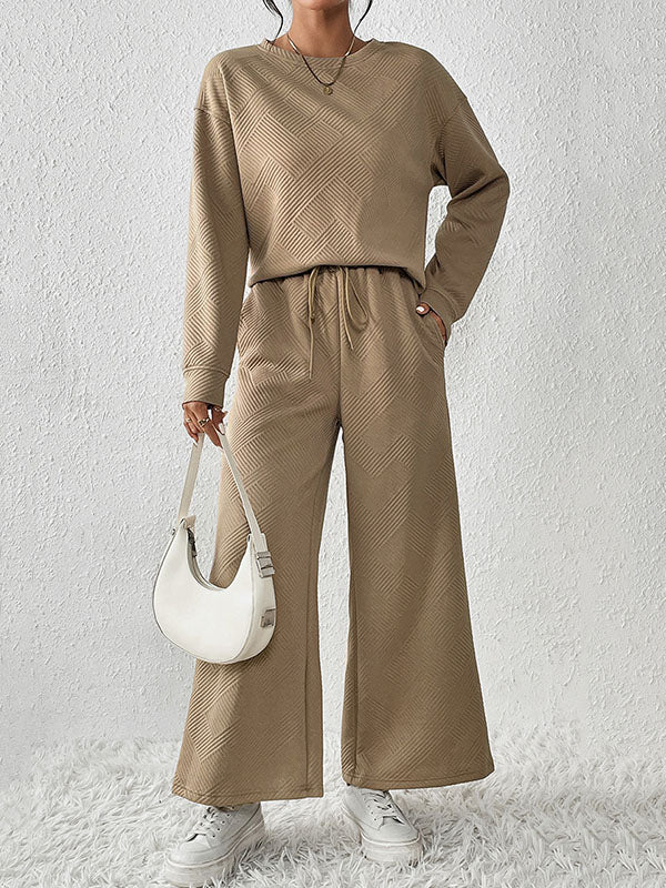 Round-Neck Long Sleeves Loose Solid Color Shirts Top + Drawstring Pants Bottom Two Pieces Set