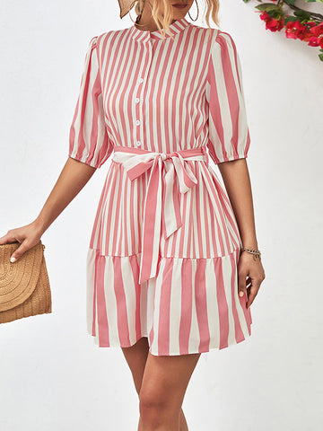 Buttoned Striped Half Sleeves Loose Stand Collar Mini Dresses