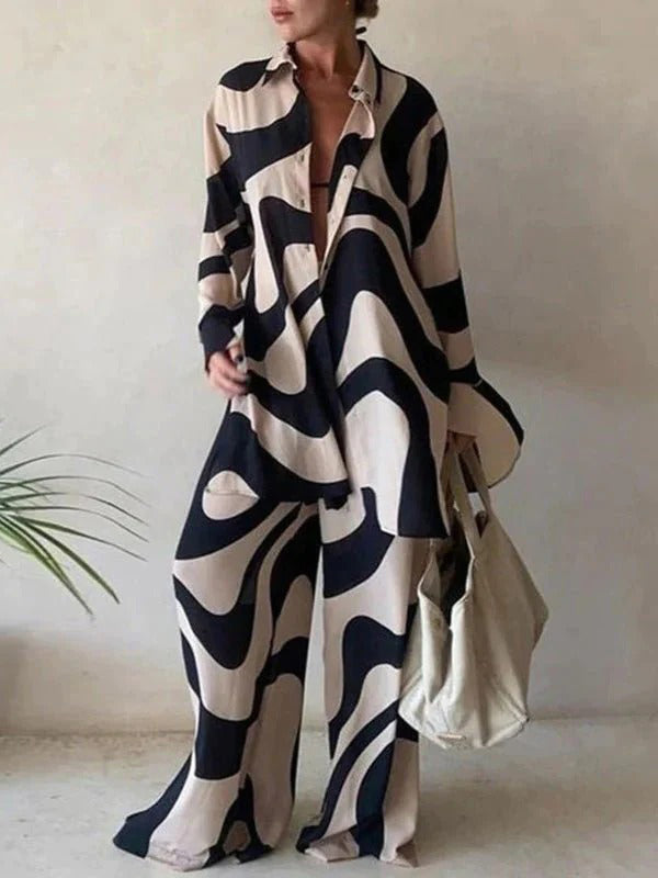 Urban Long Sleeves Wide Leg Printed Lapel Two Pieces Set