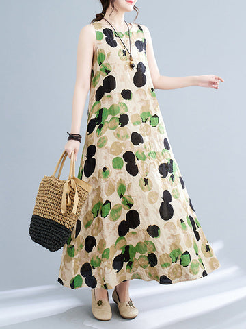 Printed Split-Joint Loose Sleeveless Round-neck Maxi Dresses