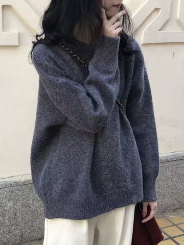 Simple Loose Long Sleeves Round-Neck Sweater Tops Pullovers