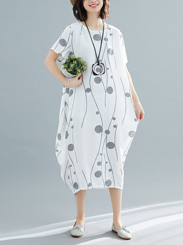 Printed Loose Short Sleeves Round-neck Midi Dresses