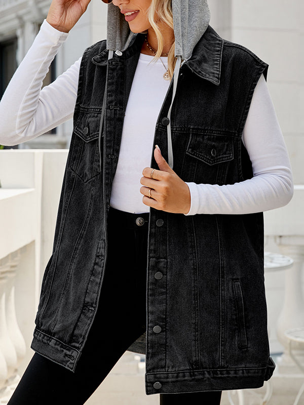 Buttoned Detachable Drawstring Hooded Pockets Split-Joint Loose Sleeveless Polo Vest Outerwear