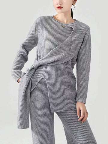 Loose Asymmetric Solid Color Long Sleeves Split-Front Round-Neck Sweater Top + Pants Bottom Two Pieces Set