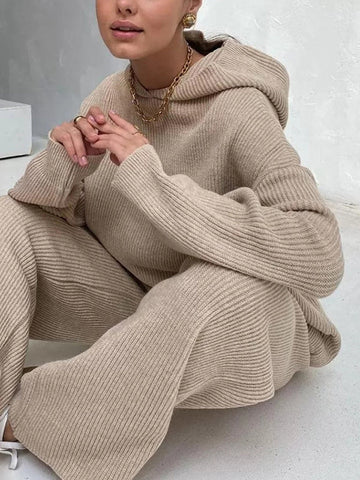 Solid Color Loose Round-Neck Hooded Long Sleeves Sweater Top + Drawstring Pants Bottom Two Pieces Set