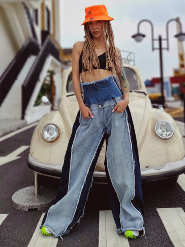 Stylish Empire Fringed Stitching Wide-Leg Jean Pants