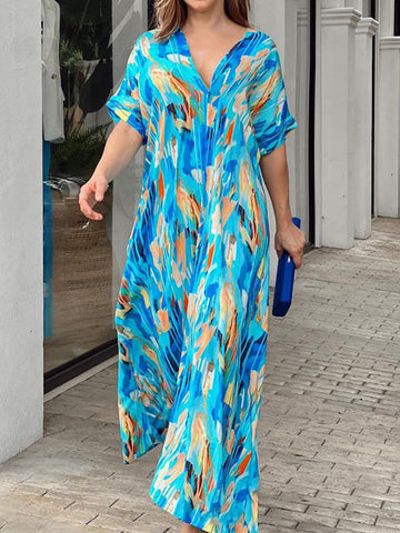 Multi-Colored Printed Loose Short Sleeves V-neck Maxi Dresses