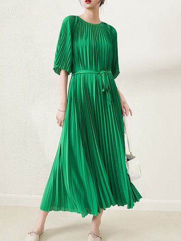 Loose Pleated With Waistband Solid Color Round-Neck Maxi Dresses