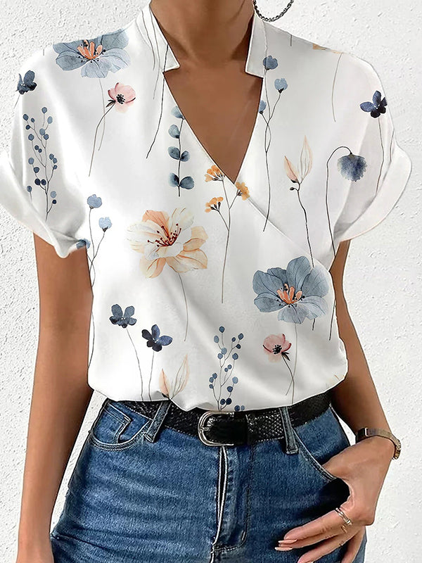 Floral Printed Split-Joint Loose Short Sleeves Stand Collar Blouses&Shirts Tops